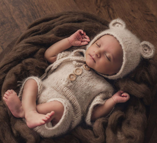 Knitted Baby Bear Romper and Bonnet set Newborn / 0-3 months - more colours (Made to order)