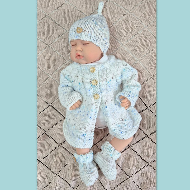 handknit baby cardigan hat and bootie set for a baby boy white with brown and blue speckles