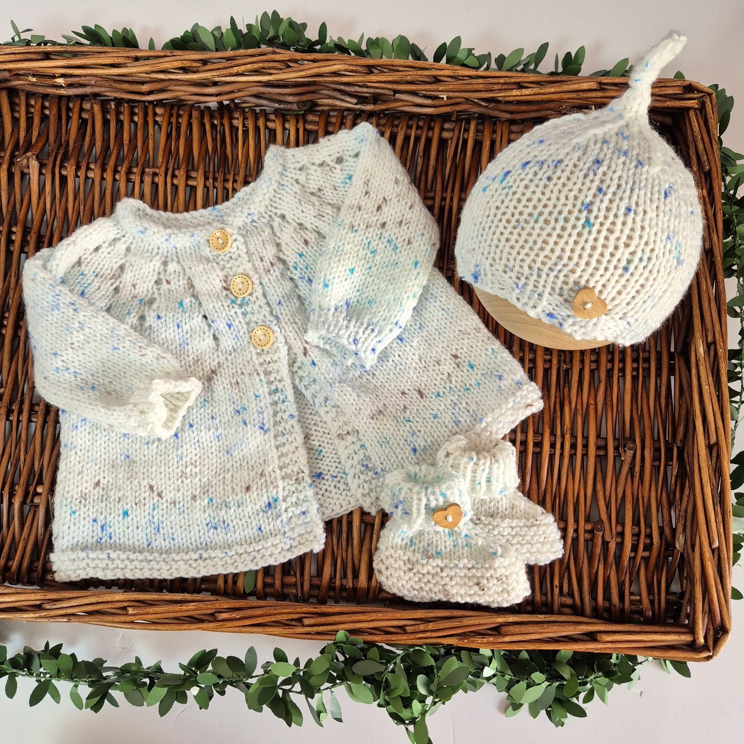 handknit baby cardigan hat and bootie set for a baby boy white with brown and blue speckles