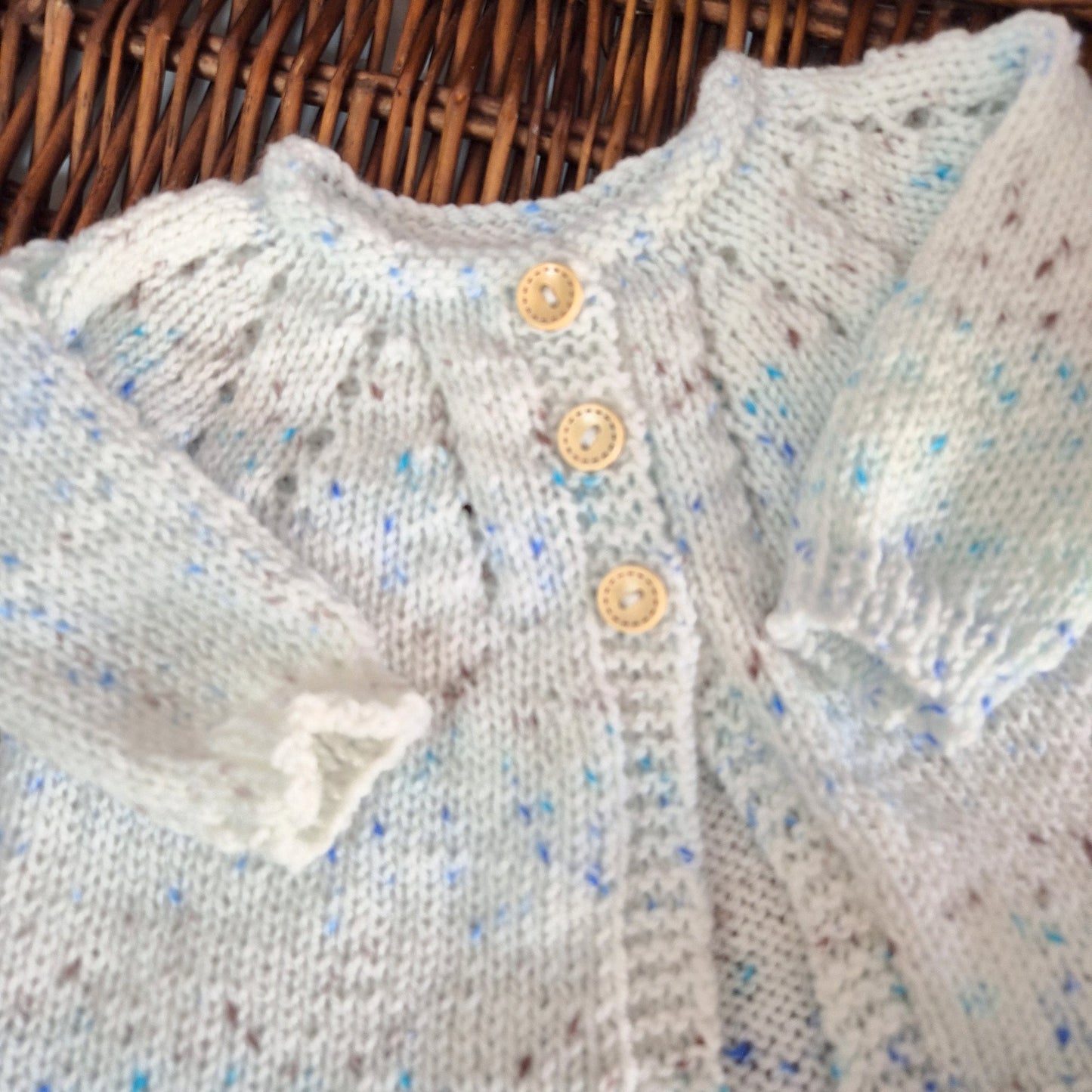 handknit baby cardigan hat and bootie set for a baby boy white with brown and blue speckles