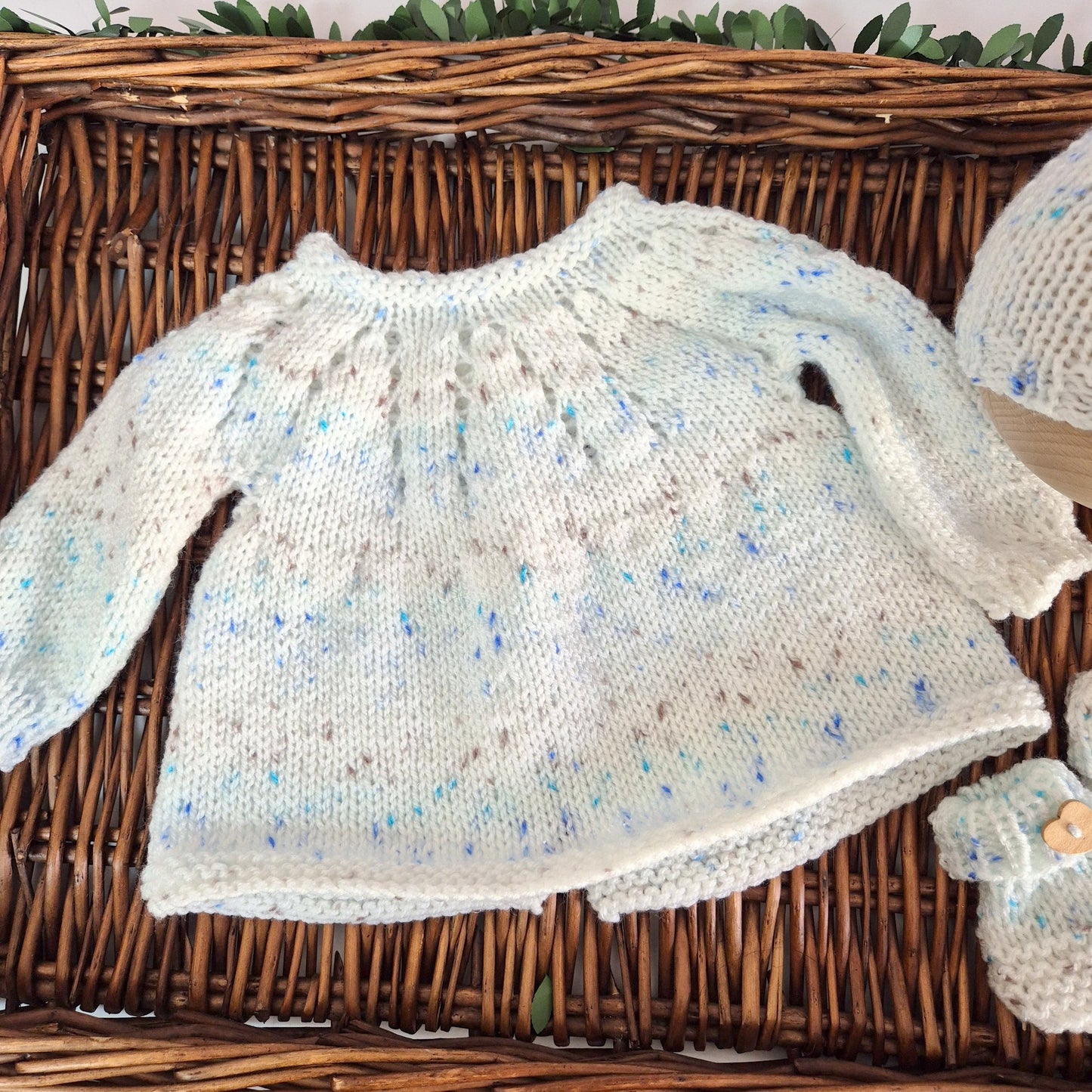 handknit baby cardigan hat and bootie set for a baby boy white with brown and blue speckles