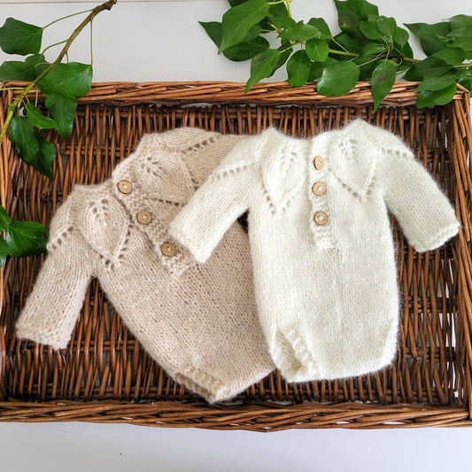 ALPACA Long sleeved Romper with Leaf pattern , Newborn / 0-3 months old sizes - more colours (Made to order)