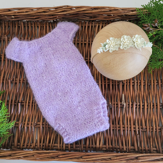 lavender purple baby girl romper and headband for newborn photo shoots