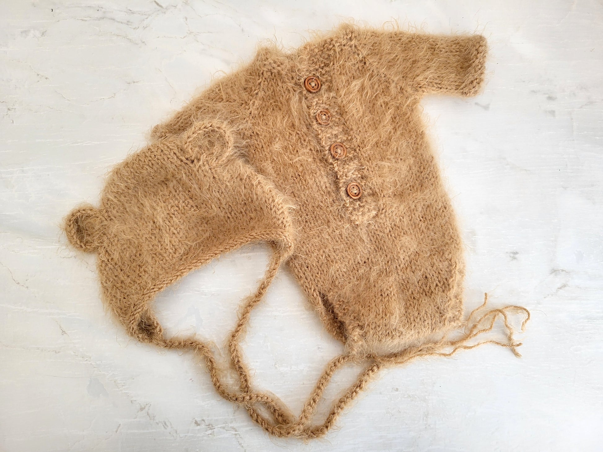fuzzy brown bear romper and bear ears bonnet for newborn photo shoot baby boys
