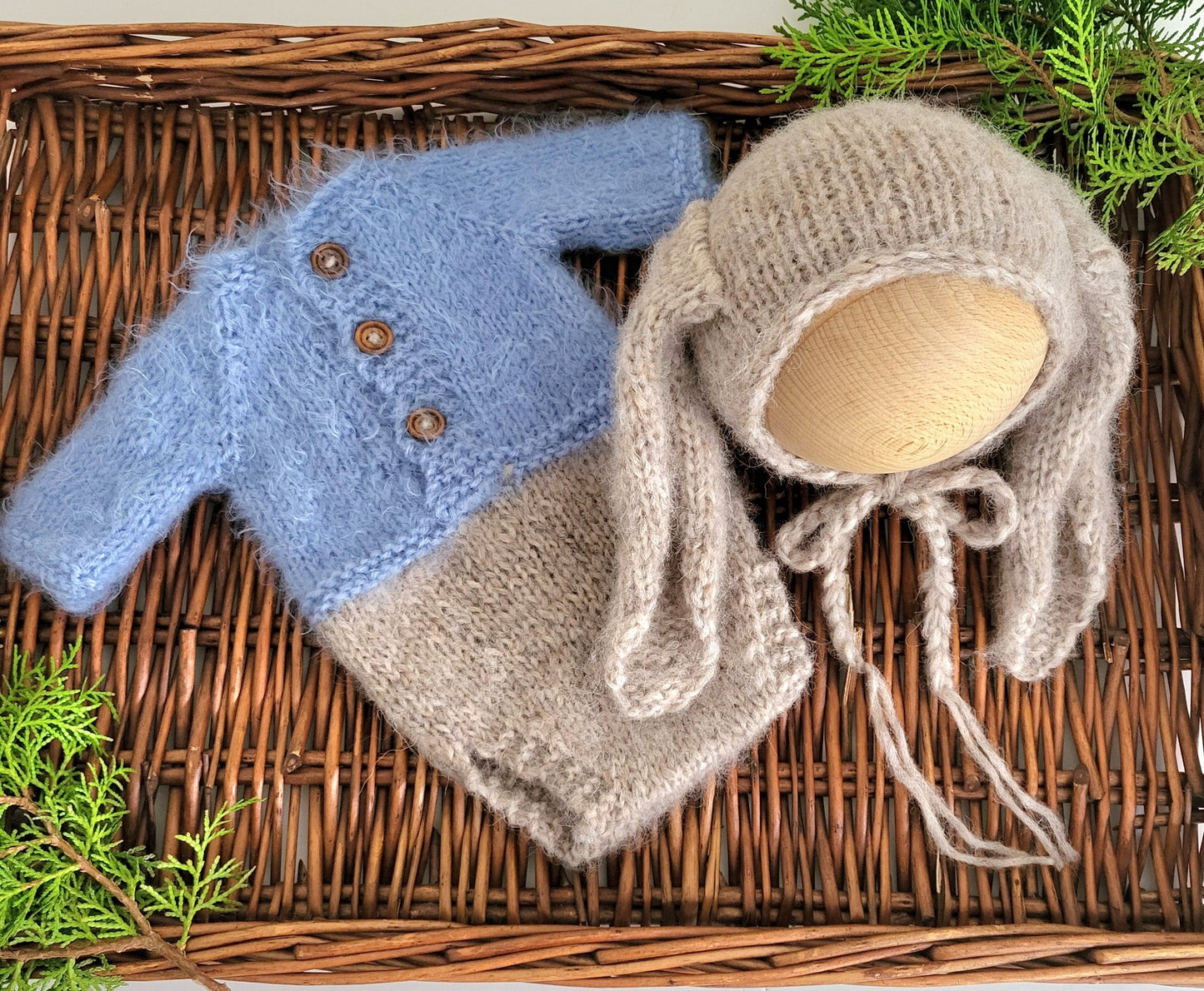 baby boy girl knitted bunny rabbit costume with a blue jacket or pink jacket and knitted bunny ears bonnet. PETER RABBIT COSTUME