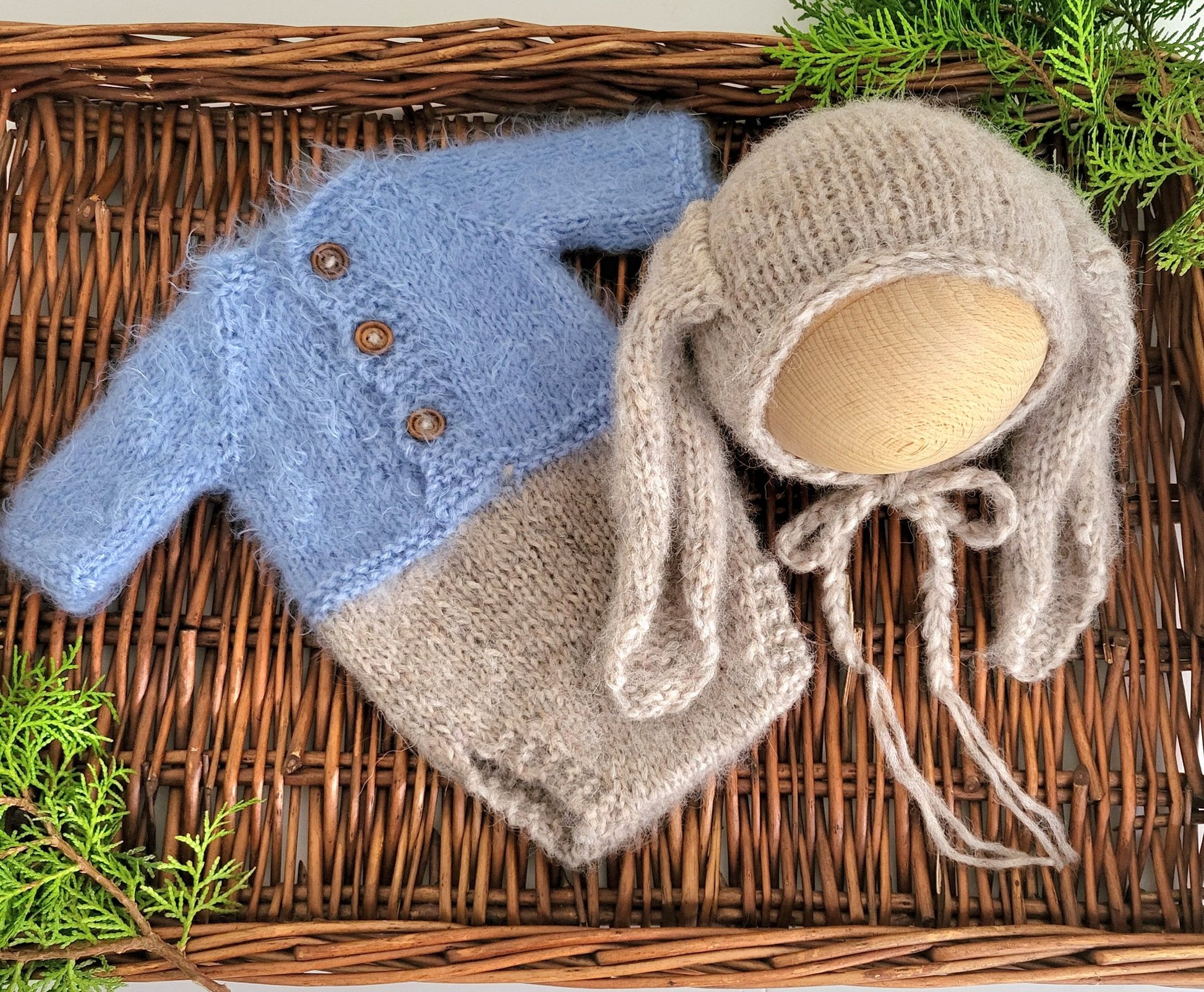 baby boy girl knitted bunny rabbit costume with a blue jacket or pink jacket and knitted bunny ears bonnet. PETER RABBIT COSTUME