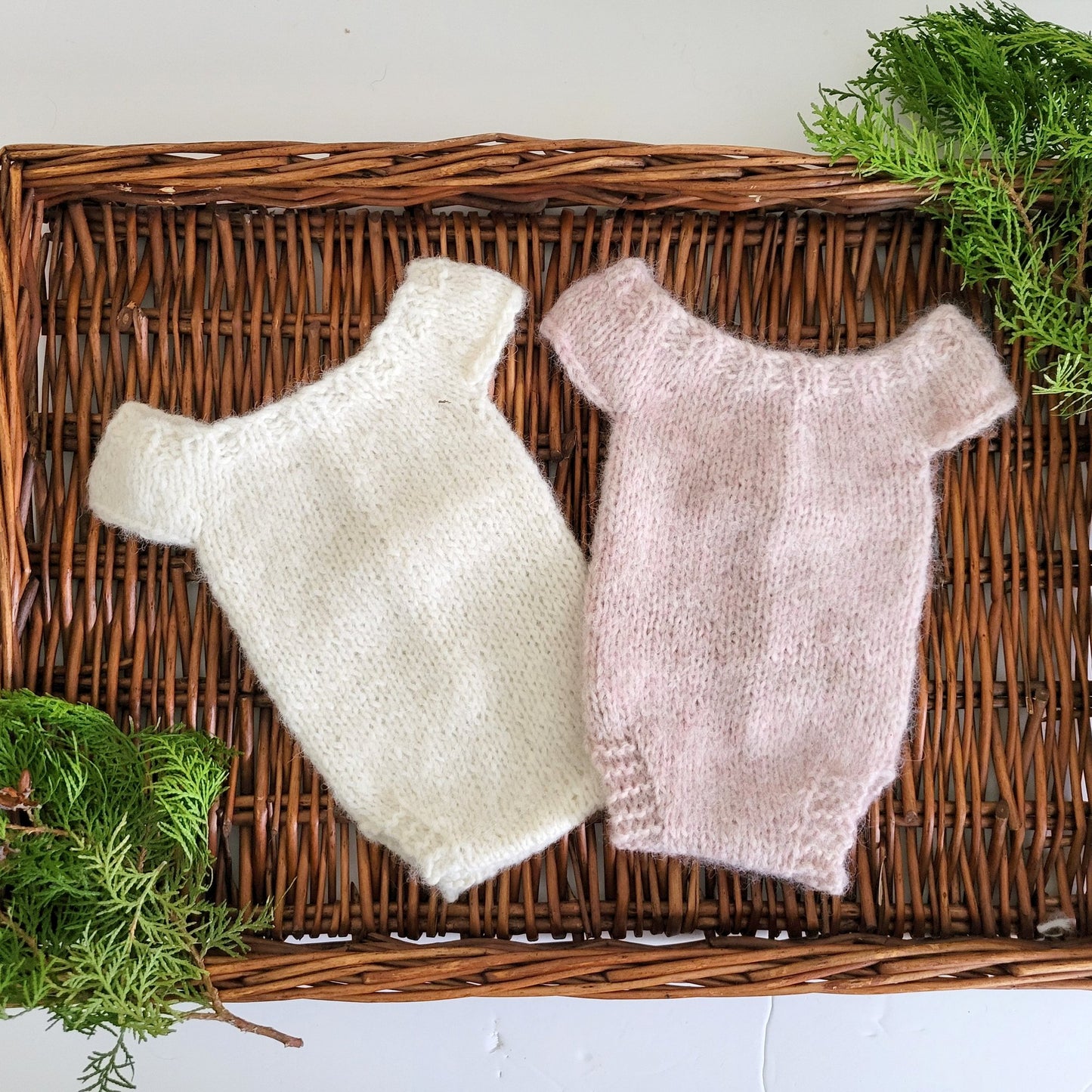 Pink or Cream Knitted alpaca Newborn Romper with pearls and bow (Made to order)