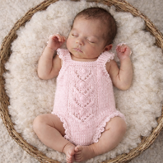 RTS Newborn Pink Lacy Popcorn knitted baby girl romper. (Ready to send)