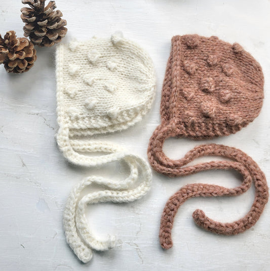 baby neutrals cream beige brown bonnet with popcorn bubble pattern