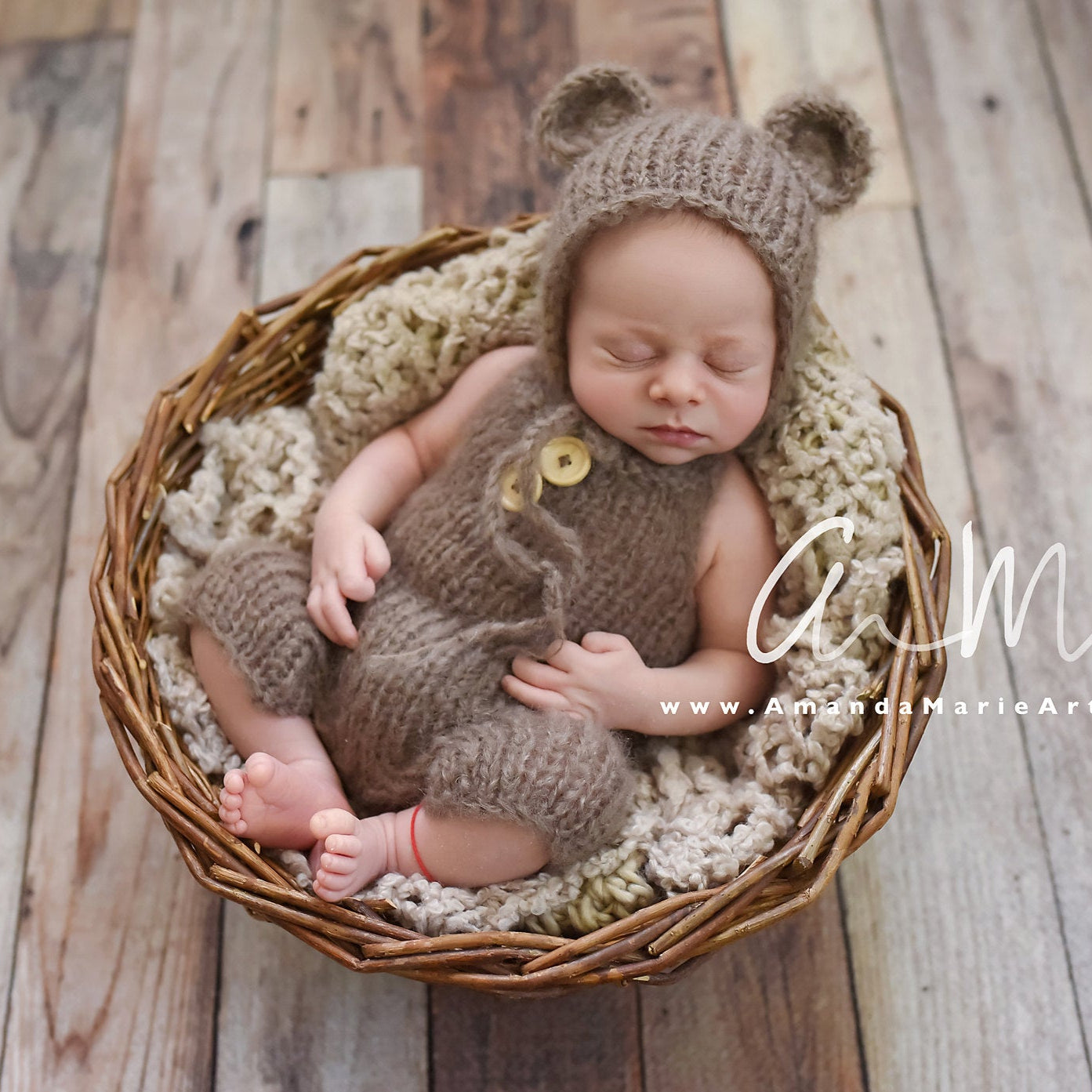 HANDKNIT BABY BEAR OUTFIT DUNGAREE OVERALLS AND EARS HAT