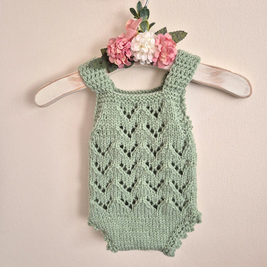 Hand Knit Newborn Baby Girl Romper in Sage Green, lace pattern. Newborn Photo Prop, Coming Home Outfit. (Ready to send)