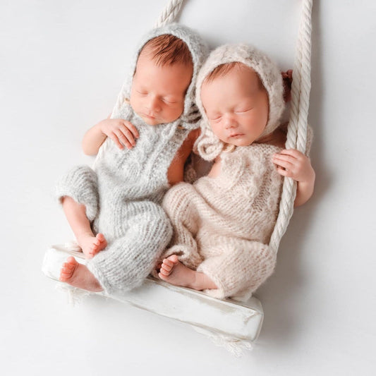 knitted beige or light grey newborn baby dungaree overalls for photo shoots with matching bonnet