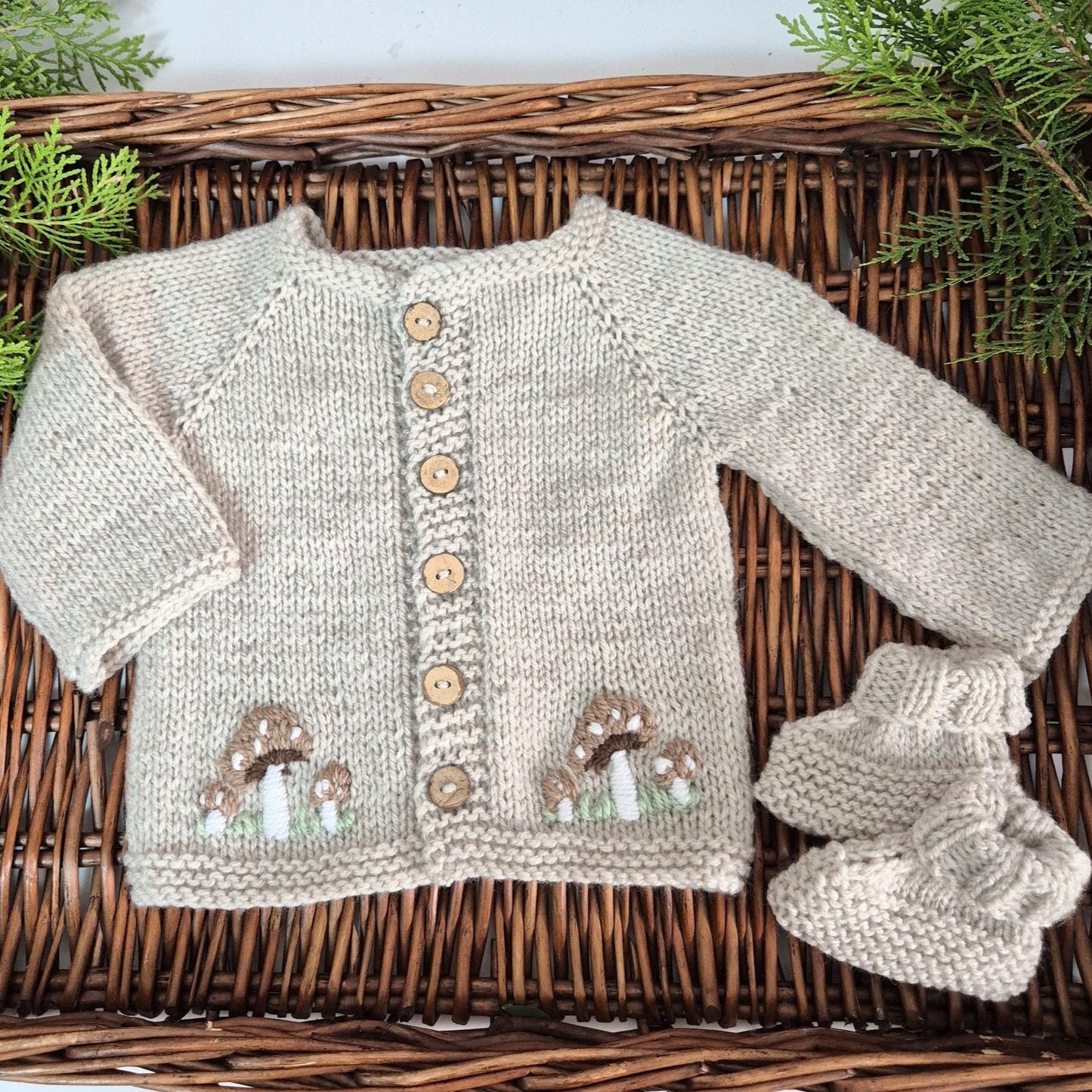 Handknit beige Toadstool Baby Cardigan and Bootie gift set 0-3 months (Ready to Send)