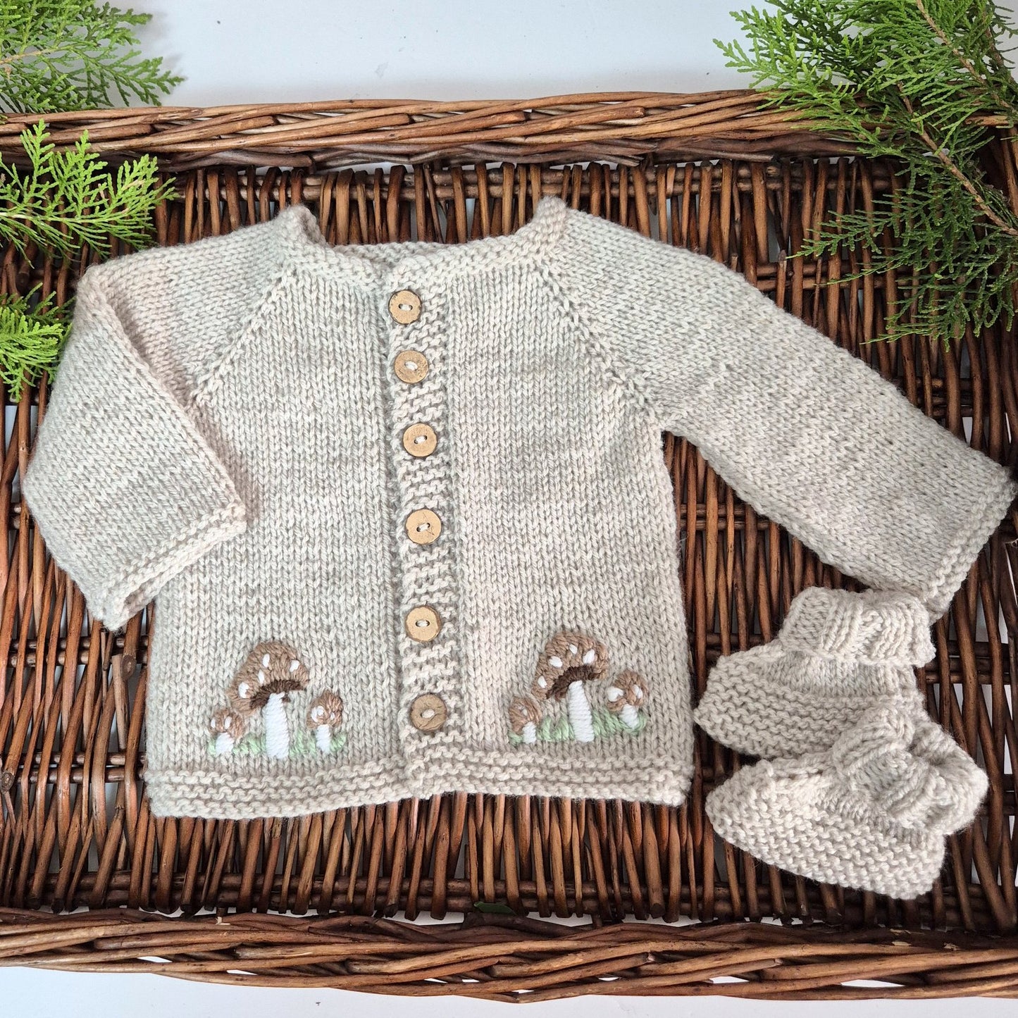 Handknit Toadstool Baby Cardigan and Bootie gift set 0-6 months (MADE TO ORDER ) 5 colours!