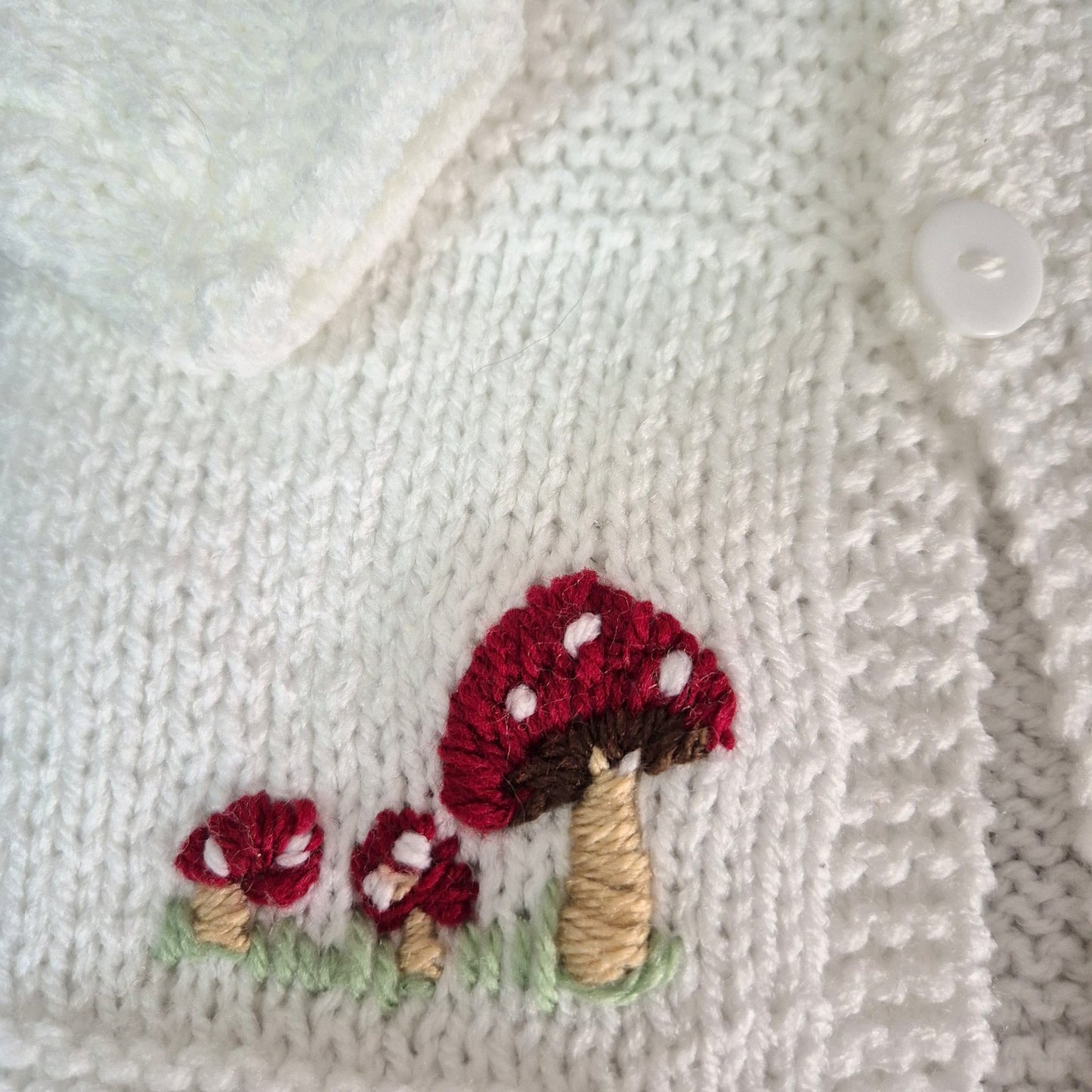 Handknit White Toadstool Baby Cardigan 0-6 months (Ready to Send)