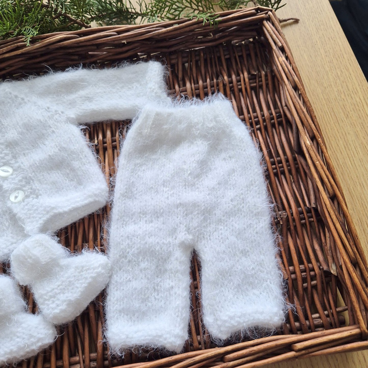 Fluffy White Knit Baby Jumper, Trousers and Bootie Set (Ready to send)