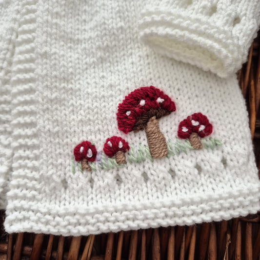 Newborn or 0-3m Knitted Baby Boy Girl Cardigan with Embroidered Toadstools (Made to Order) Four colours