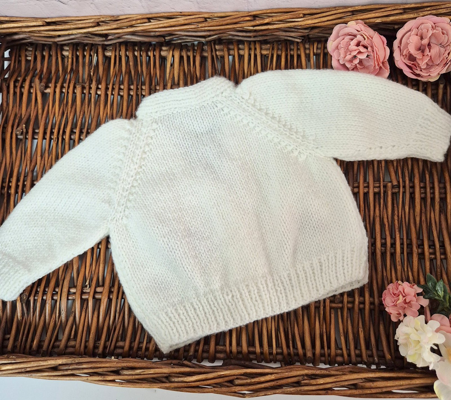 0-3 months Handmade Knitted White Baby Cardigan with Toadstools (Ready to Send)