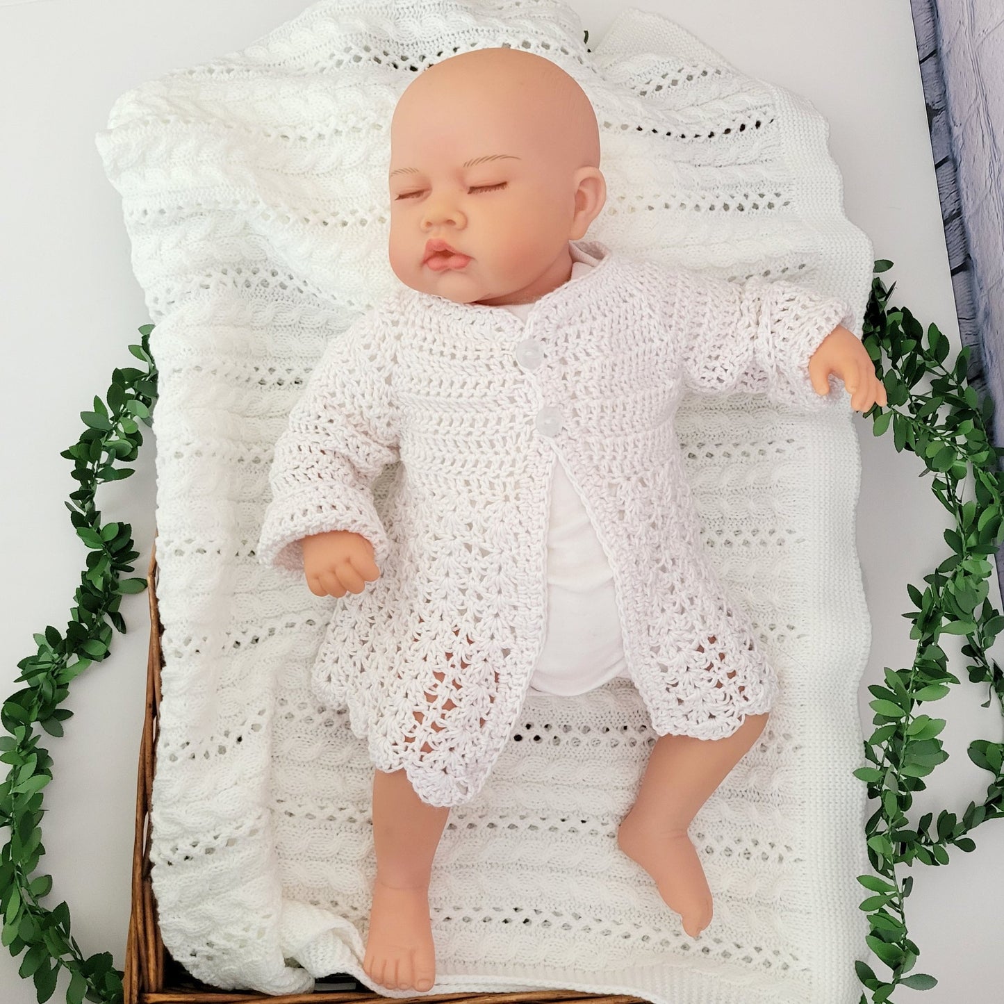 White Crochet Baby Cardigan made from Bamboo Cotton 0-6 months (Ready to Send)