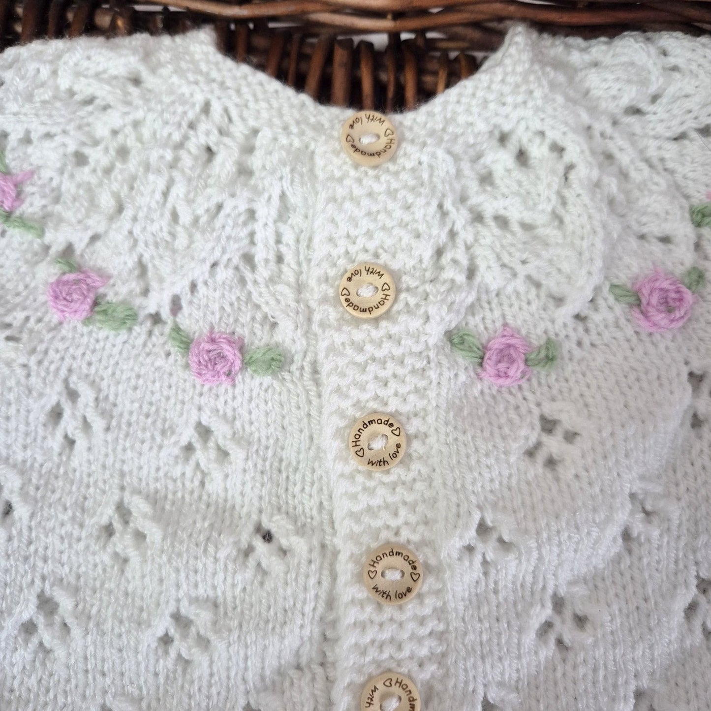 Handknit White Baby Romper and Bootie set with lace and embroidered roses 0-3 months (Ready to Send)