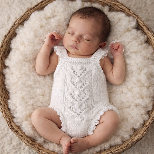 Newborn baby in a white knitted romper lying in a circular basket on a soft surface. A sweet handknit lace and popcorn romper for a baby girl from newborn to 3 months old.
The darling little romper has a lace and popcorn pattern panel down the front, with scalloped frill on the legs and shoulder straps.