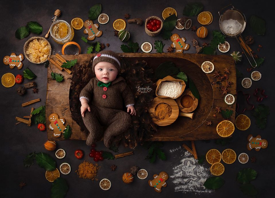 knitted gingerbread man footed outfit for newborn photo shoot