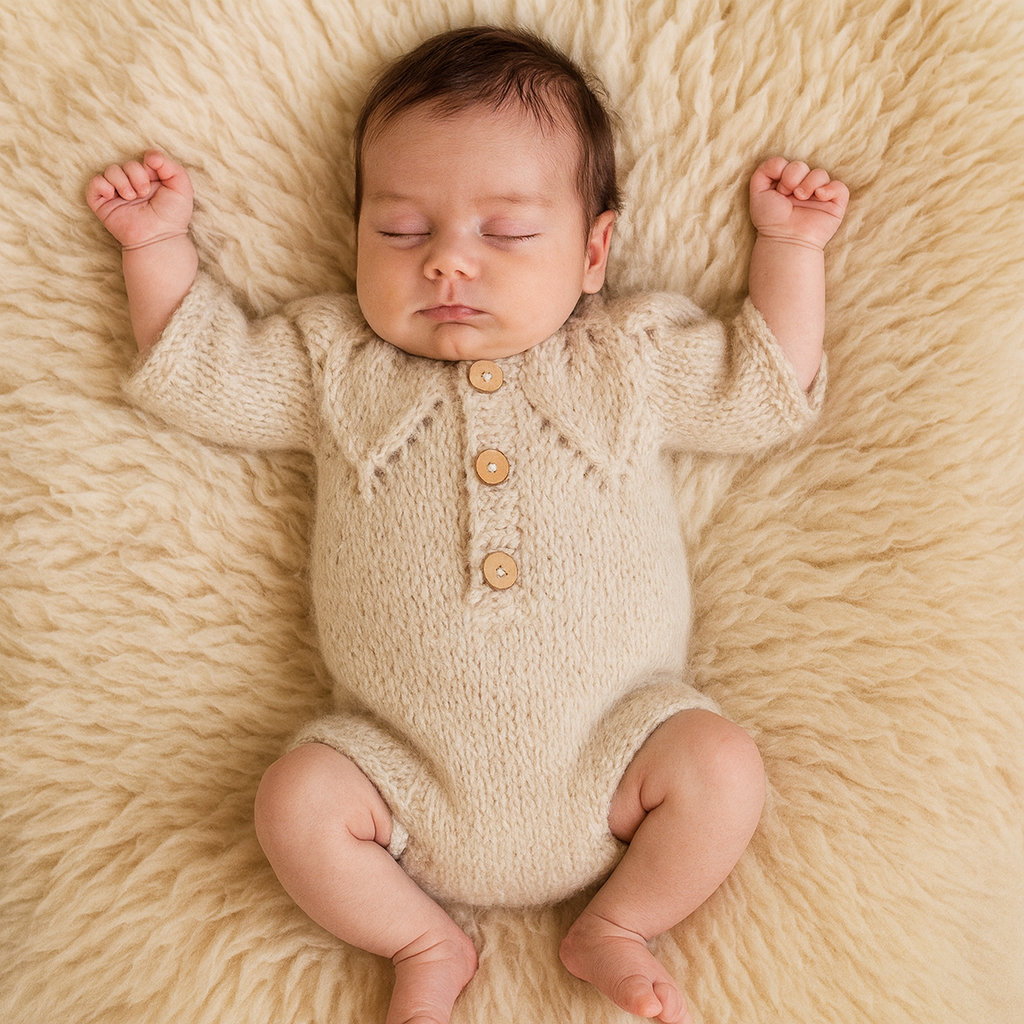 0-3 month old baby hand knit clothing, this is the leaf romper 