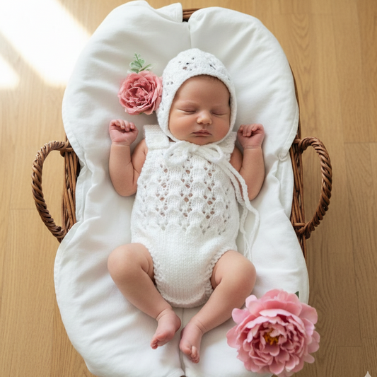 Newborn Lacy Romper and bonnet. Knitted Girls Photography Prop. Sleeveless Bodysuit for Baby Girl