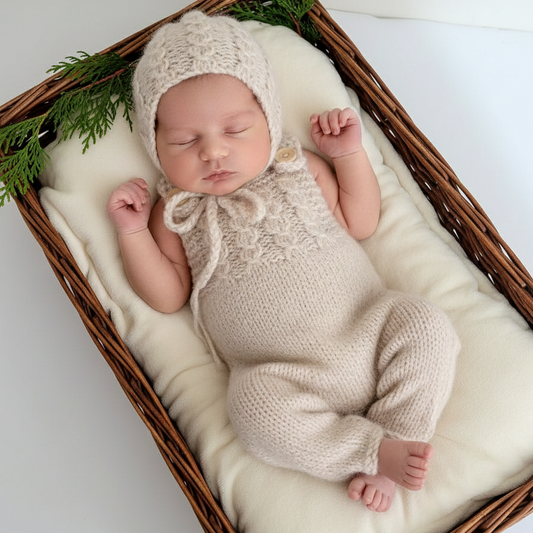 Luxury Alpaca Knitted Baby Dungaree with matching hat. Newborn to 3 months sizes, more colours (Made to order)
