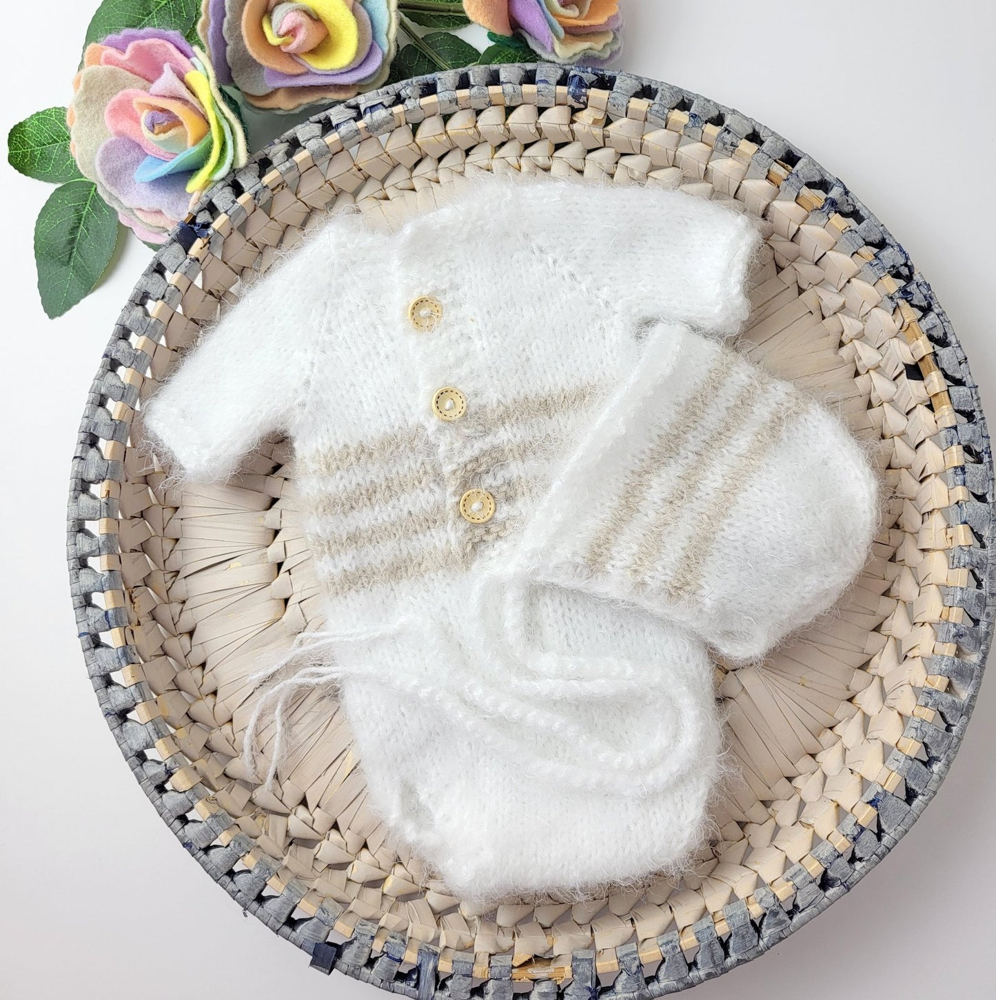 fluffy soft knitted baby onesie with bonnet