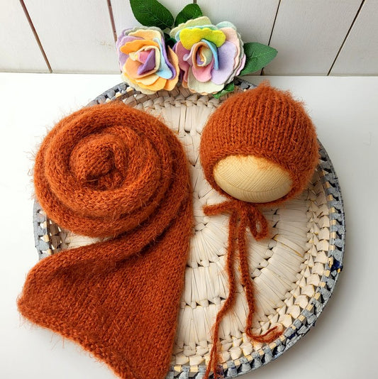 rust brown knitted long wrap and bonnet set for newborn photo shoots