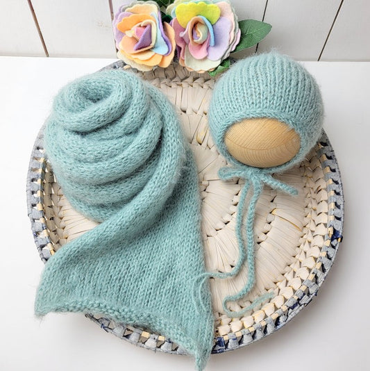 sage green knitted long wrap and bonnet set