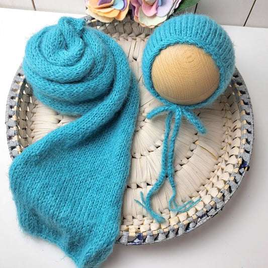 teal blue knitted long wrap and bonnet set for newborn photo shoot