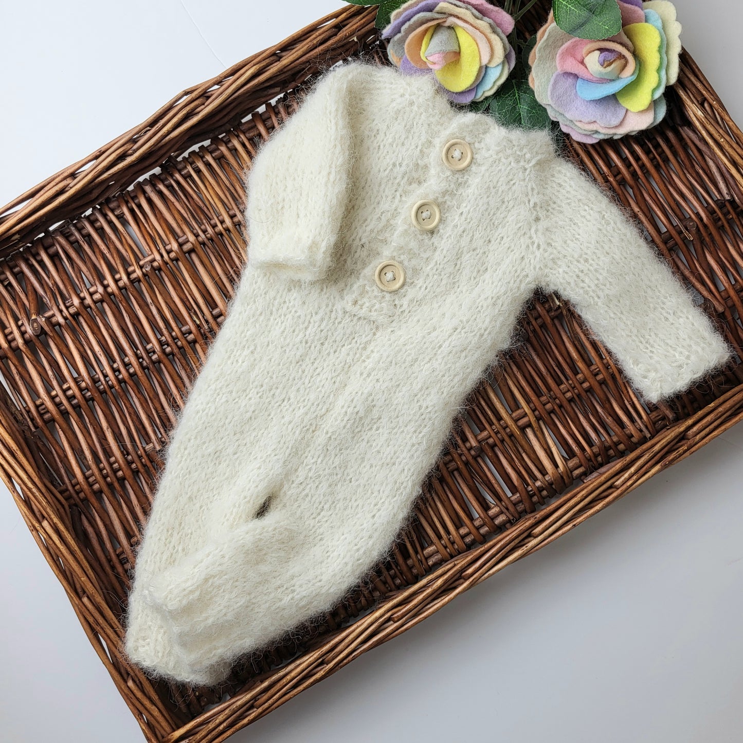 Fluffy cream knitted pyjama onesie coveralls for newborn photo shoot
