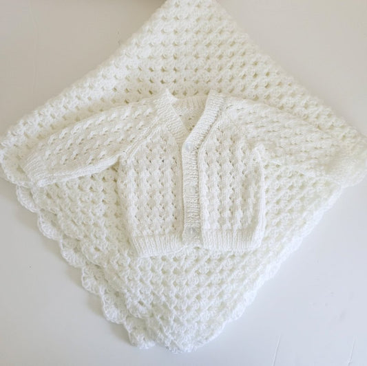 handmade baby gift set of crochet baby blanket and a white cardigan