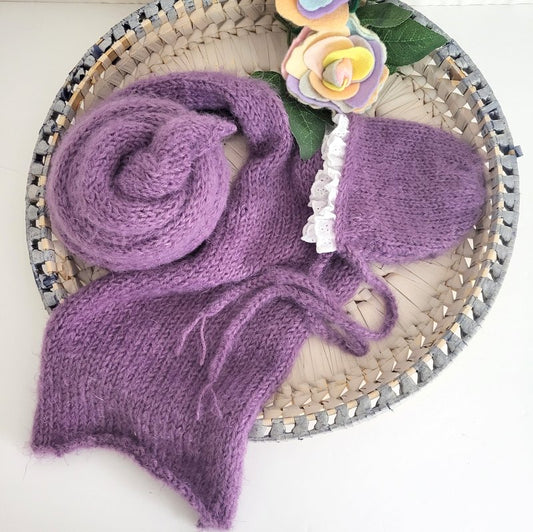 Silky Soft Smoky Purple stretch wrap and Newborn bonnet set  (Ready to send)