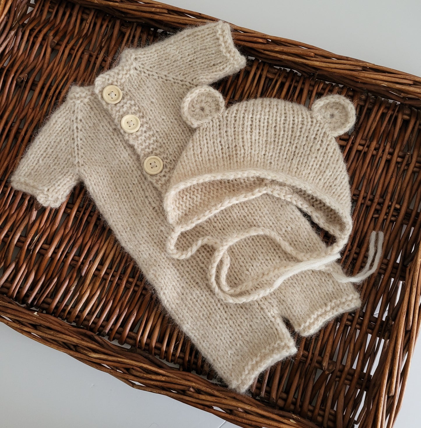 Knitted Baby Bear Romper and Bonnet set Newborn / 0-3 months - more colours (Made to order)