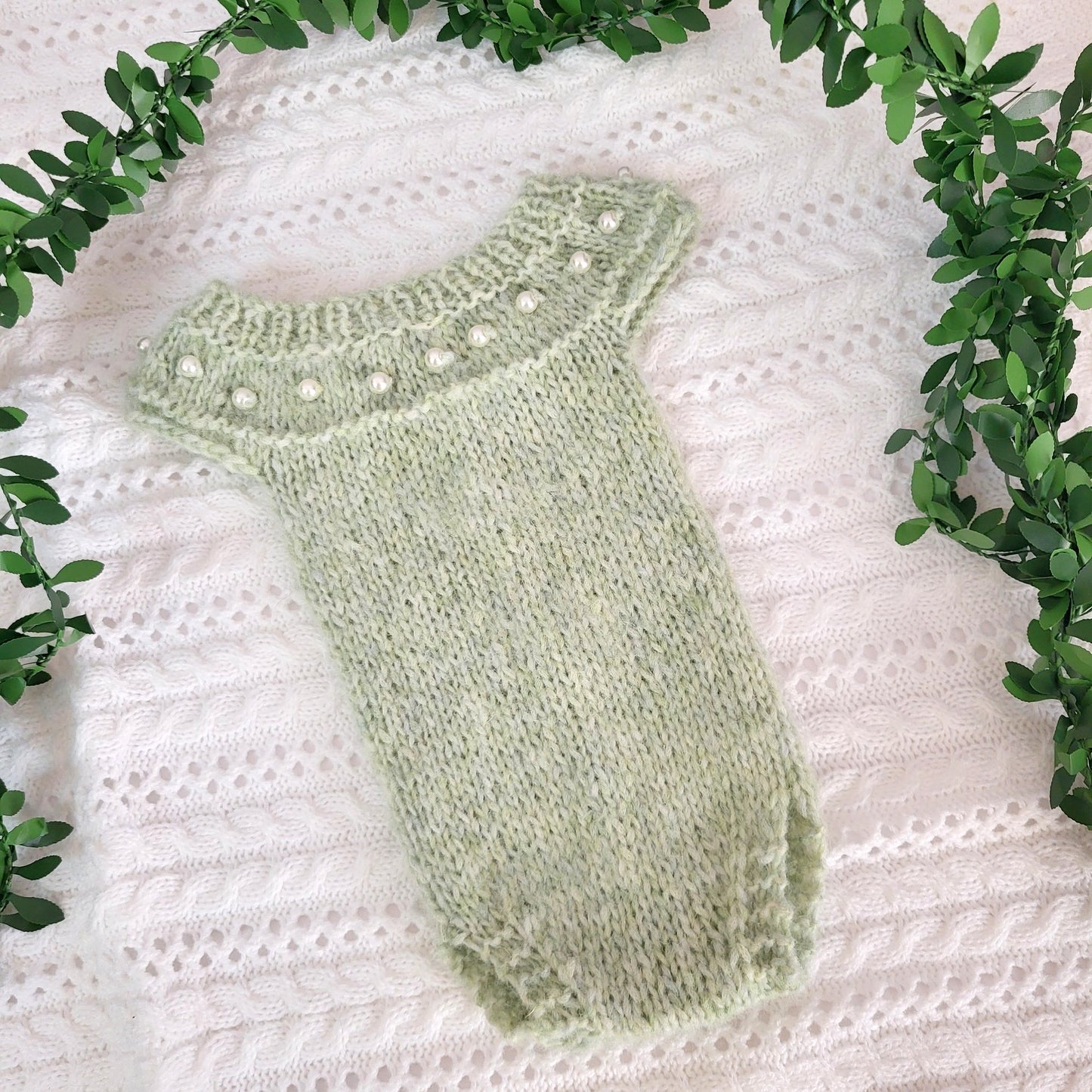 Light Mint Green knitted alpaca Newborn Romper + FREE headband (Ready to Send)
