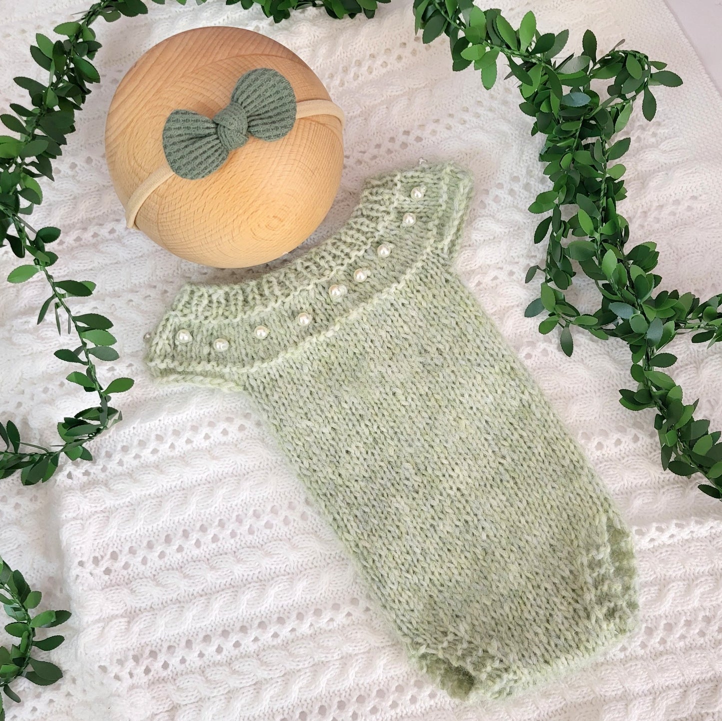 Light Mint Green knitted alpaca Newborn Romper + FREE headband (Ready to Send)