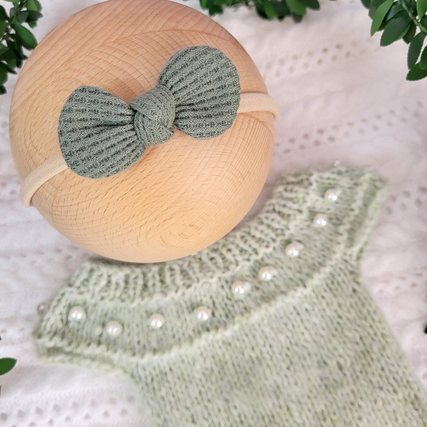 Light Mint Green knitted alpaca Newborn Romper + FREE headband (Ready to Send)