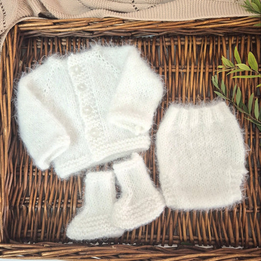 Snow White Fluffy Newborn Cardigan, Pants and Socks set 