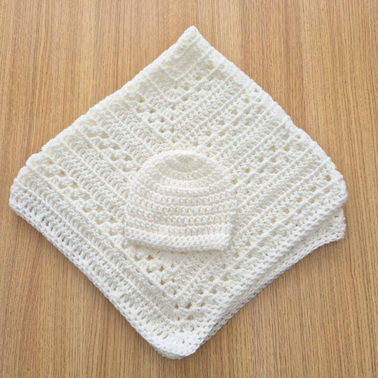 Crochet Cream Baby Blanket and Hat (READY to send) Unisex baby gift