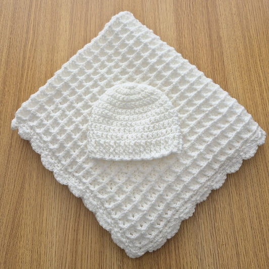 Crochet White Baby Blanket and Hat (READY to send) Unisex baby gift