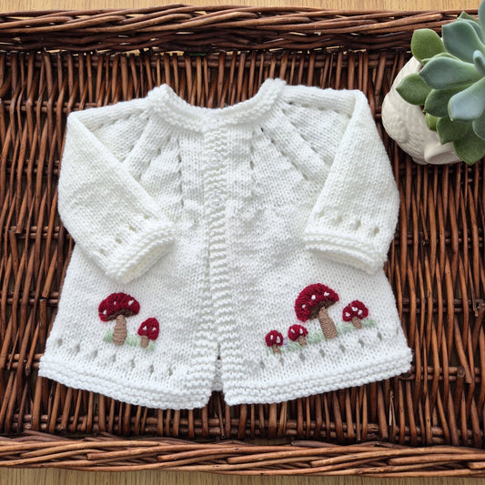 Handknit White Toadstool Baby Cardigan 0-3 months (Ready to Send)