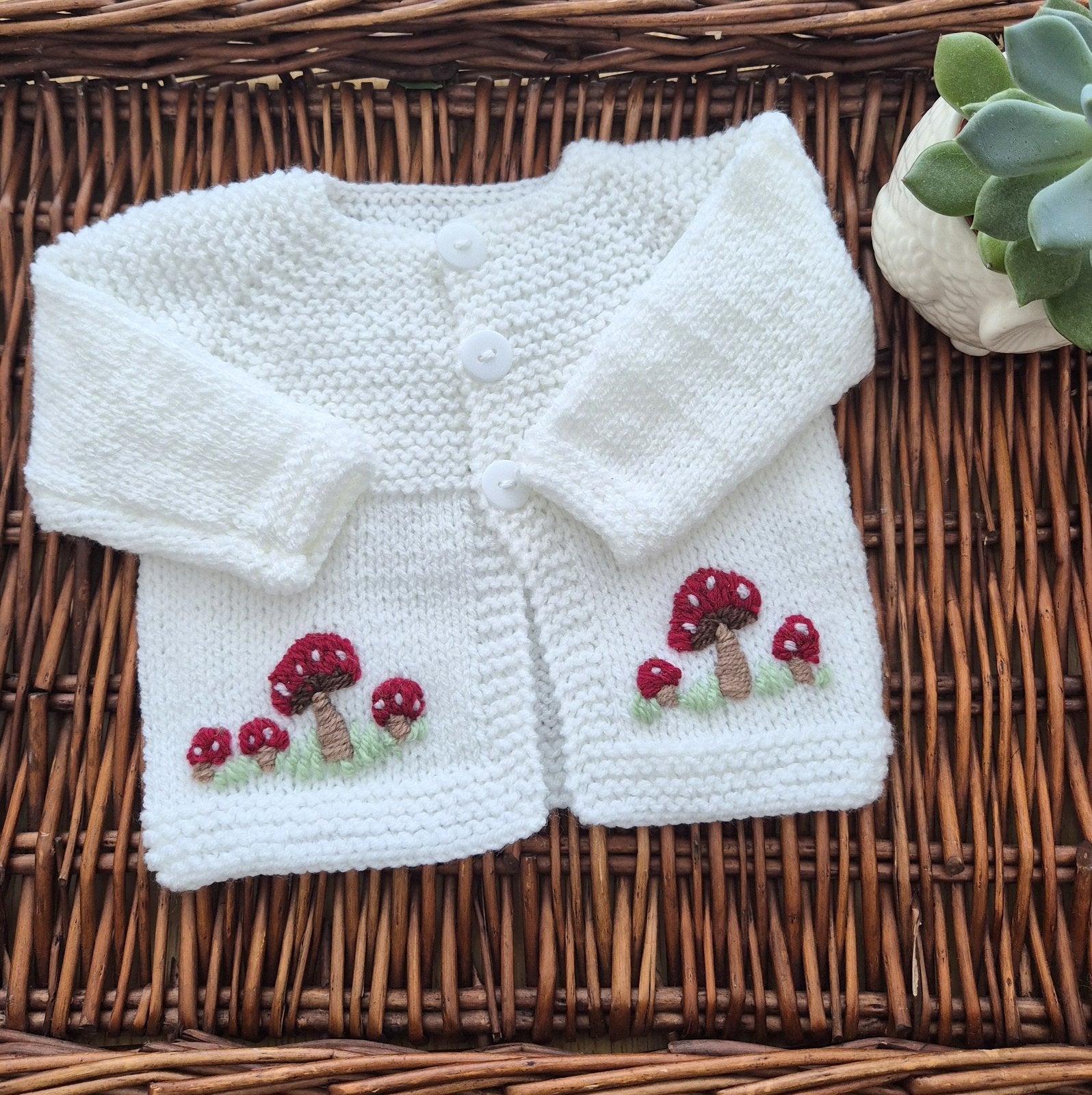 Hand Knit Baby Cardigan Bootie Set: White Toadstool Jumper, 0-3m Sweater