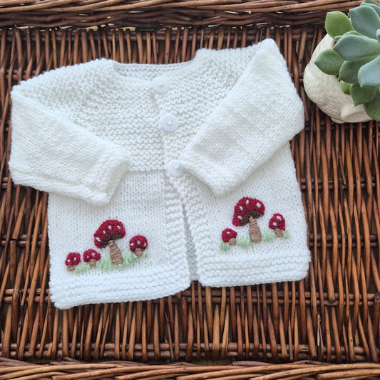 Hand Knit Baby Cardigan Bootie Set: White Toadstool Jumper, 0-3m Sweater