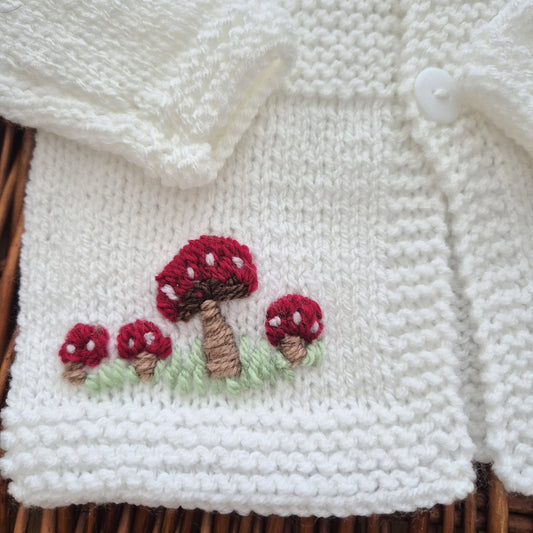 Hand Knit Baby Cardigan Bootie Set: White Toadstool Jumper, 0-3m Sweater
