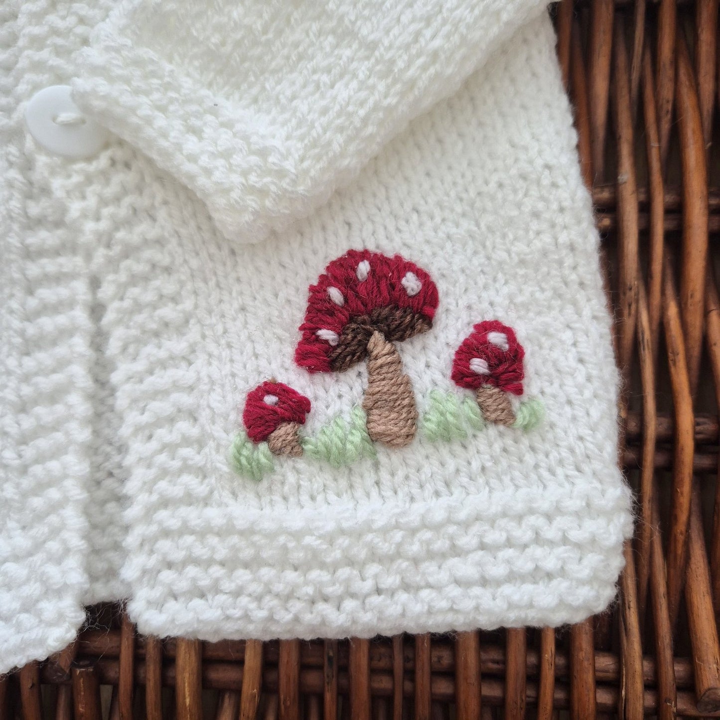 Hand Knit Baby Cardigan Bootie Set: White Toadstool Jumper, 0-3m Sweater