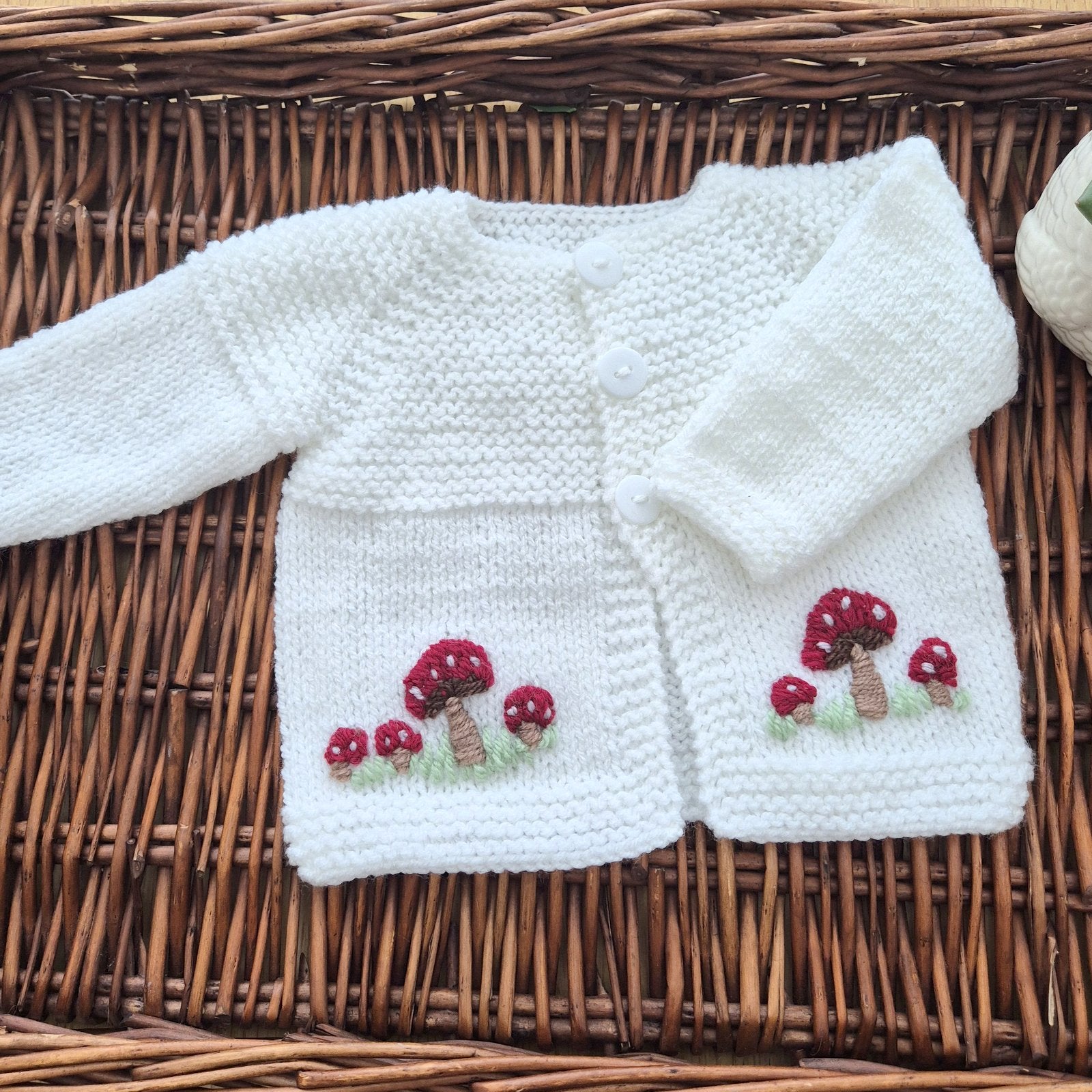 Hand Knit Baby Cardigan Bootie Set: White Toadstool Jumper, 0-3m Sweater