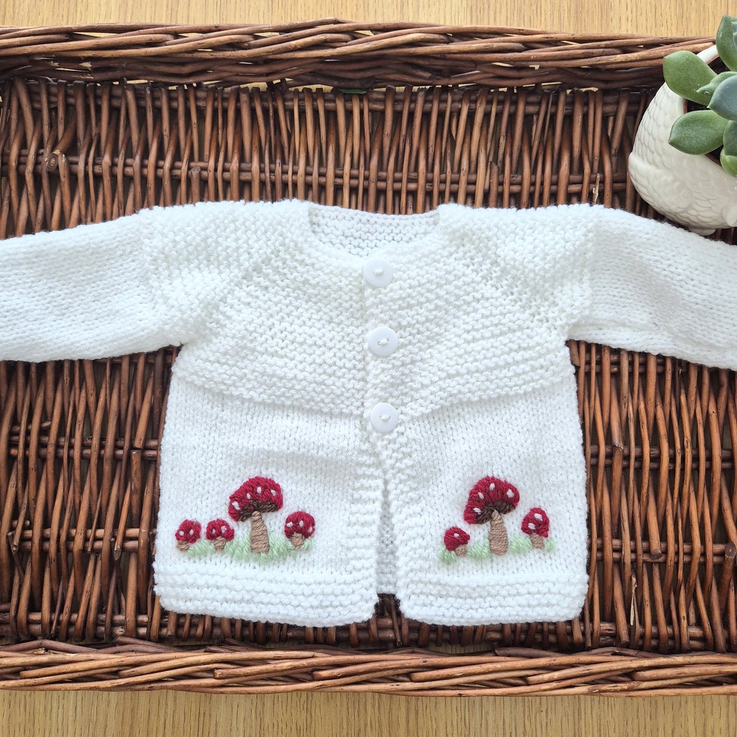 Handknit White Toadstool Baby Cardigan 0-3 months (Ready to Send)